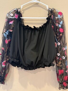 SHEIN Black Crop Top with Floral Embroidered Mesh Sleeves